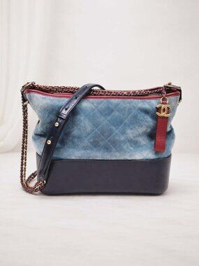 Authentic Chanel Gabrielle Hobo Bag Blue Quilted Leather Suede Red Trim Bag